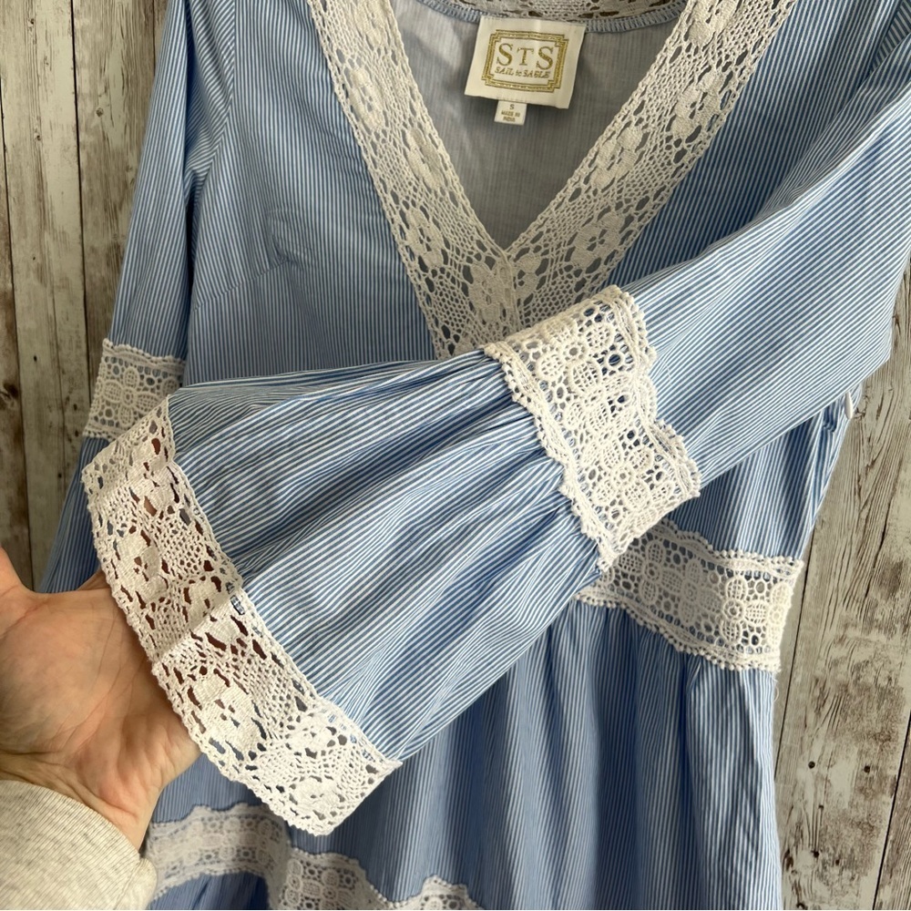 Sail to Sable Blue Seersucker Lace Trim Dress Preppy Cottage Nantucket Small - Picture 3 of 4